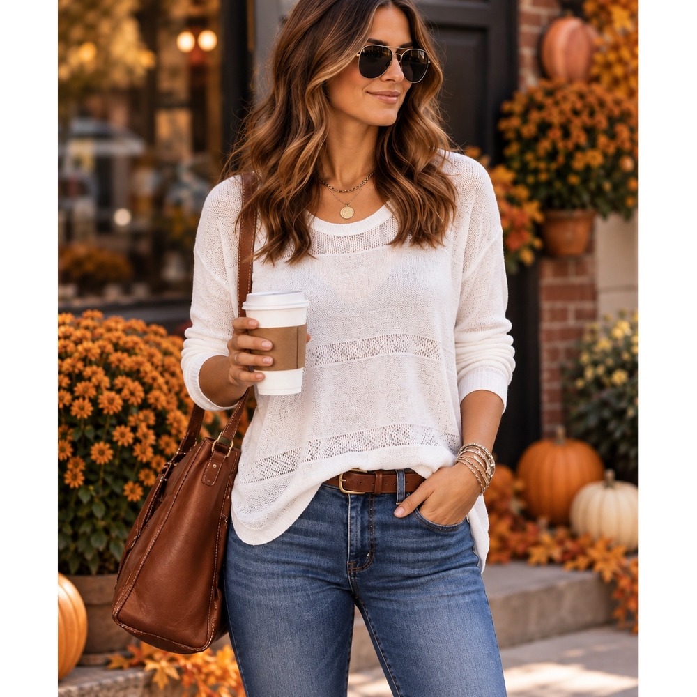 Neiman Marcus White Sheer Knit High Low Sweater Lightweight Fall Layering Top M